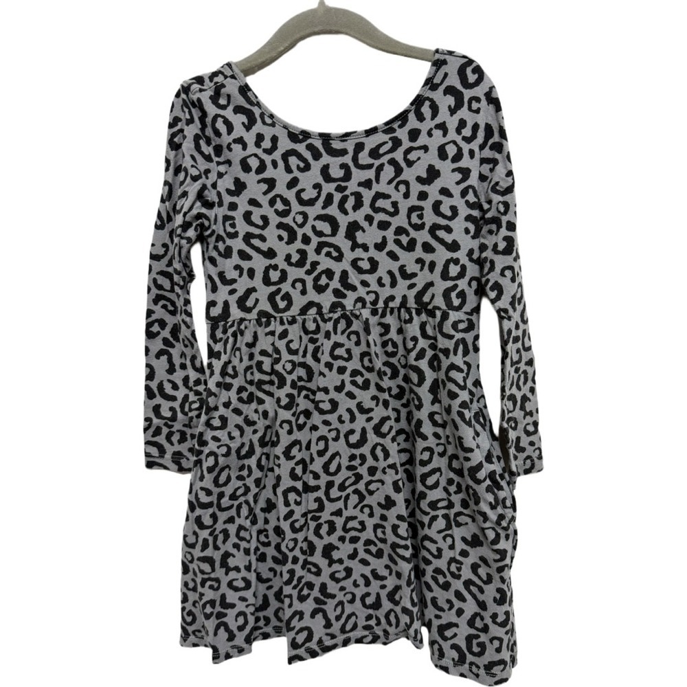 Old Navy Girls Leopard Print Dress Size 6-7 Gray Black Long Sleeve Skater Dress